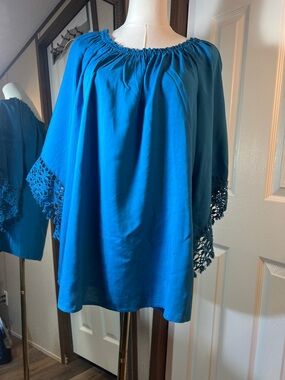 Melissa Paige Teal Blue Peasant Blouse with Crochet Sleeve Detail
